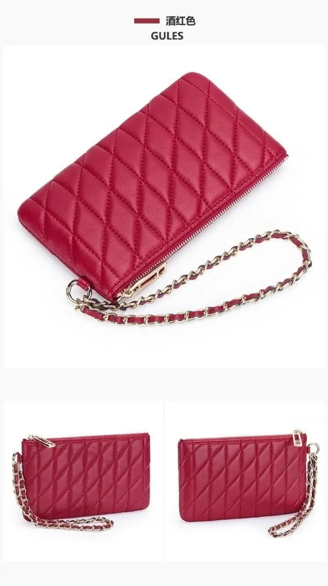 Slim Quilted Genuine Leather Zipper Chain Wristlet Strap Purse Mobile Phone Sheepskin Wallet for Women