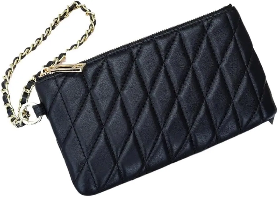 Slim Quilted Genuine Leather Zipper Chain Wristlet Strap Purse Mobile Phone Sheepskin Wallet for Women