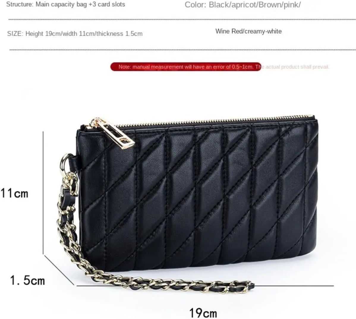 Slim Quilted Genuine Leather Zipper Chain Wristlet Strap Purse Mobile Phone Sheepskin Wallet for Women