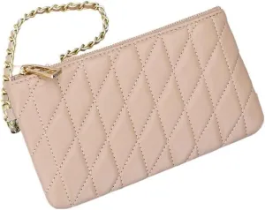 Slim Quilted Genuine Leather Zipper Chain Wristlet Strap Purse Mobile Phone Sheepskin Wallet for Women