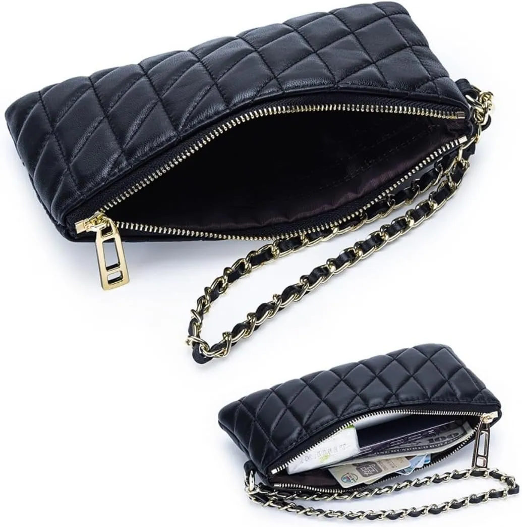 Slim Quilted Genuine Leather Zipper Chain Wristlet Strap Purse Mobile Phone Sheepskin Wallet for Women