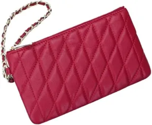 Slim Quilted Genuine Leather Zipper Chain Wristlet Strap Purse Mobile Phone Sheepskin Wallet for Women