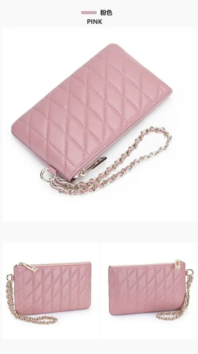 Slim Quilted Genuine Leather Zipper Chain Wristlet Strap Purse Mobile Phone Sheepskin Wallet for Women