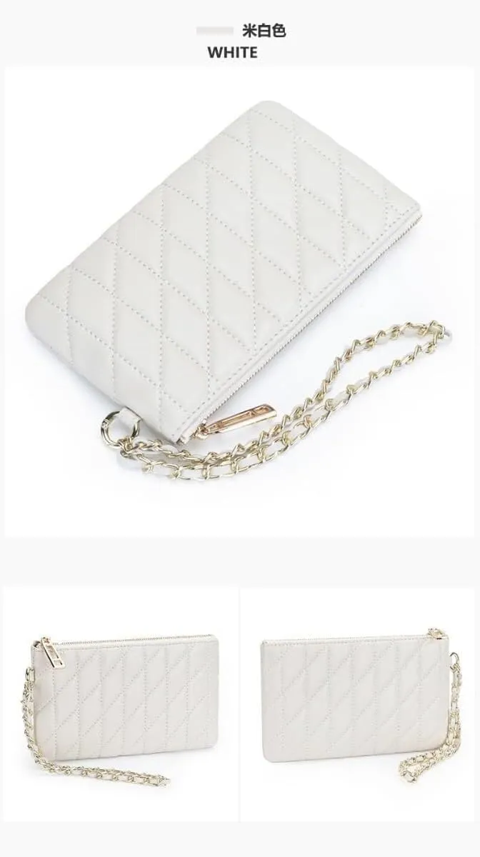 Slim Quilted Genuine Leather Zipper Chain Wristlet Strap Purse Mobile Phone Sheepskin Wallet for Women