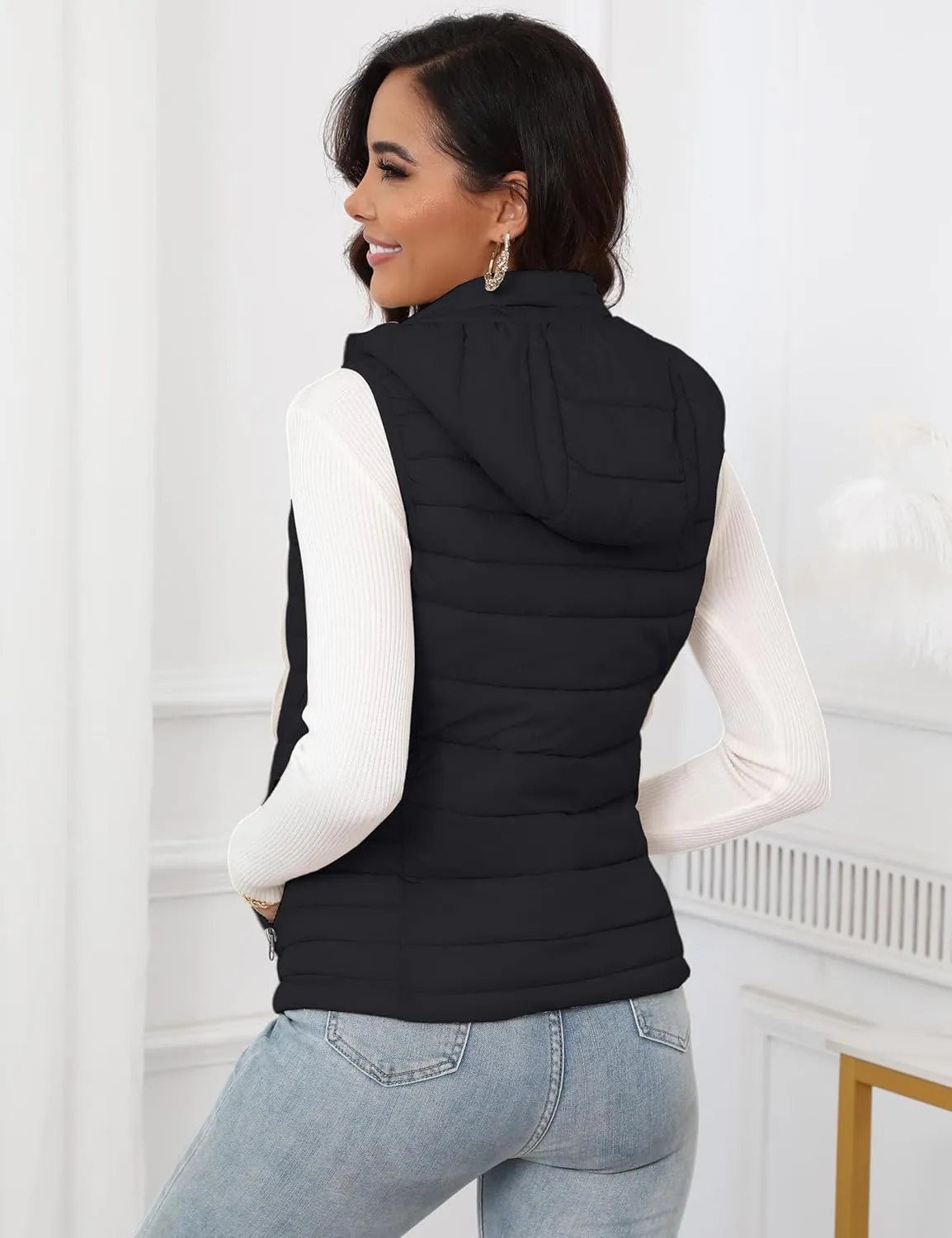 SLOW DOWN Womens Lightweight Puffer Vest, Womens Winter Packable Vest, Womens Puffy Vest with Removable Hood and Zip Pockets