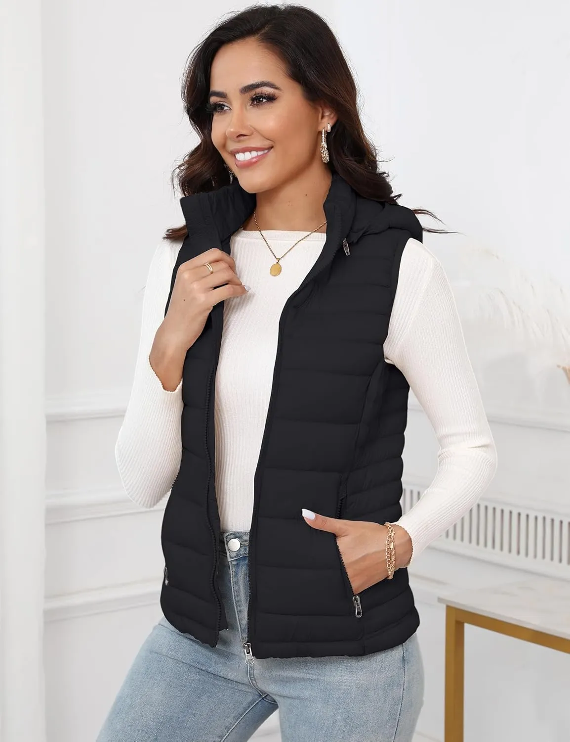 SLOW DOWN Womens Lightweight Puffer Vest, Womens Winter Packable Vest, Womens Puffy Vest with Removable Hood and Zip Pockets