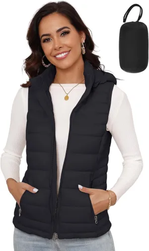 SLOW DOWN Womens Lightweight Puffer Vest, Womens Winter Packable Vest, Womens Puffy Vest with Removable Hood and Zip Pockets