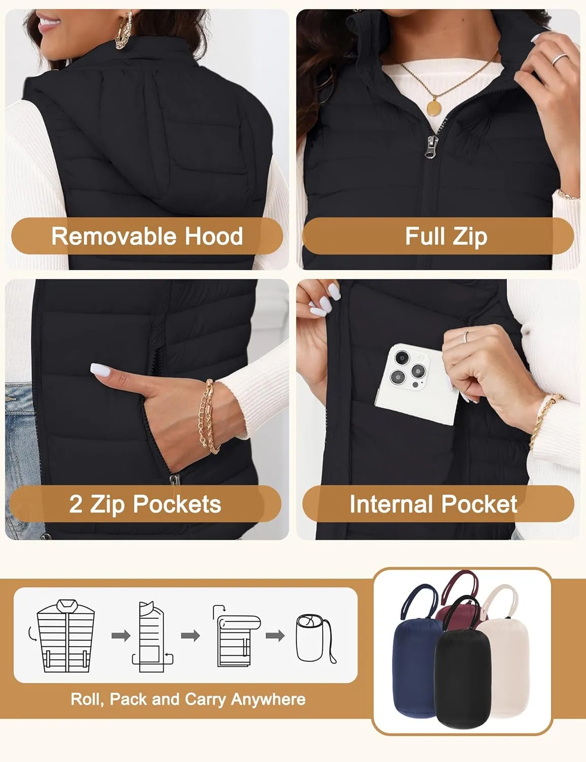 SLOW DOWN Womens Lightweight Puffer Vest, Womens Winter Packable Vest, Womens Puffy Vest with Removable Hood and Zip Pockets