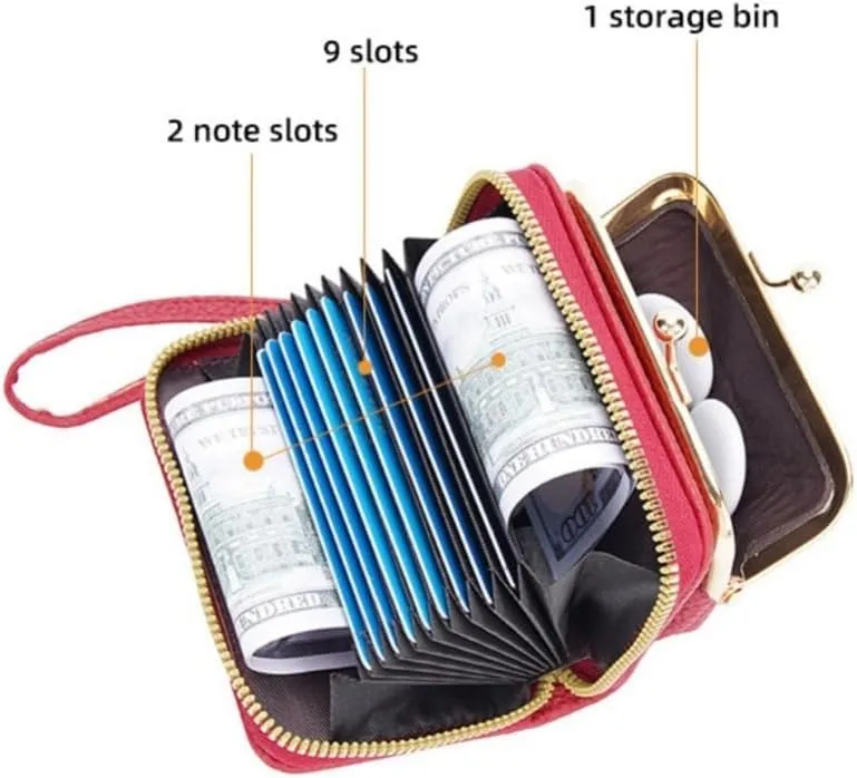 Small Wallet for Women Leather Mini Wristlet Clutch Purse 9 Card Slots Kiss Lock Coin Pocket Kiss Clasp Closure, Blue, One Size