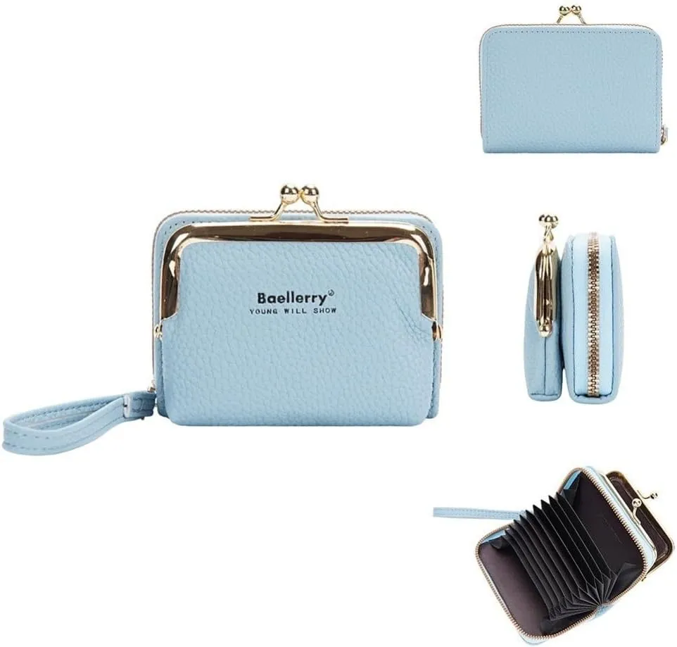 Small Wallet for Women Leather Mini Wristlet Clutch Purse 9 Card Slots Kiss Lock Coin Pocket Kiss Clasp Closure, Blue, One Size