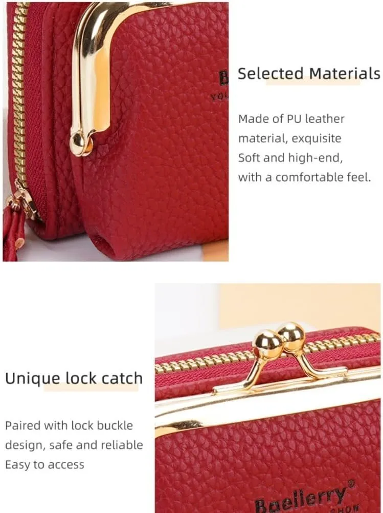 Small Wallet for Women Leather Mini Wristlet Clutch Purse 9 Card Slots Kiss Lock Coin Pocket Kiss Clasp Closure, Blue, One Size