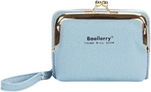 Small Wallet for Women Leather Mini Wristlet Clutch Purse 9 Card Slots Kiss Lock Coin Pocket Kiss Clasp Closure, Blue, One Size