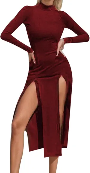 Solid Color Bodycon Split Hem Turtleneck Long Sleeve Ribbed Midi Dress for Women Autumn Plus Size Fall Dresses