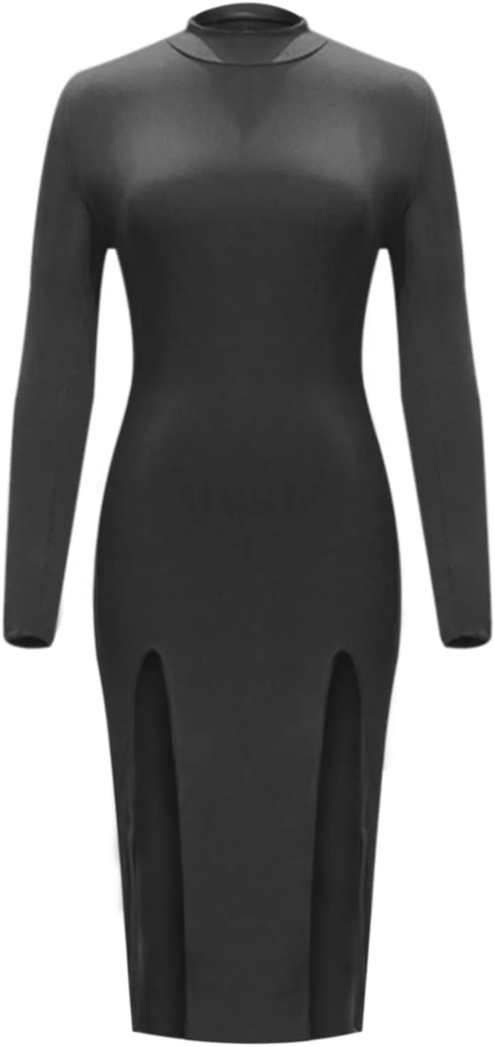 Solid Color Bodycon Split Hem Turtleneck Long Sleeve Ribbed Midi Dress for Women Autumn Plus Size Fall Dresses