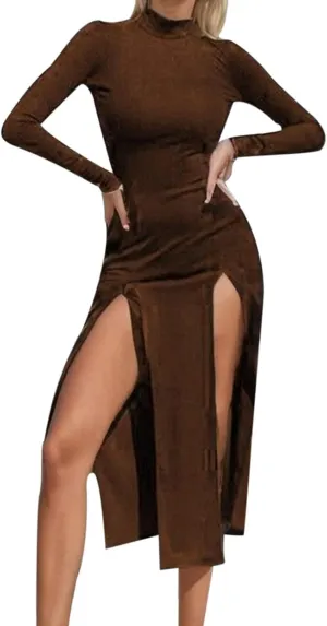 Solid Color Bodycon Split Hem Turtleneck Long Sleeve Ribbed Midi Dress for Women Autumn Plus Size Fall Dresses