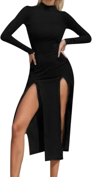 Solid Color Bodycon Split Hem Turtleneck Long Sleeve Ribbed Midi Dress for Women Autumn Plus Size Fall Dresses