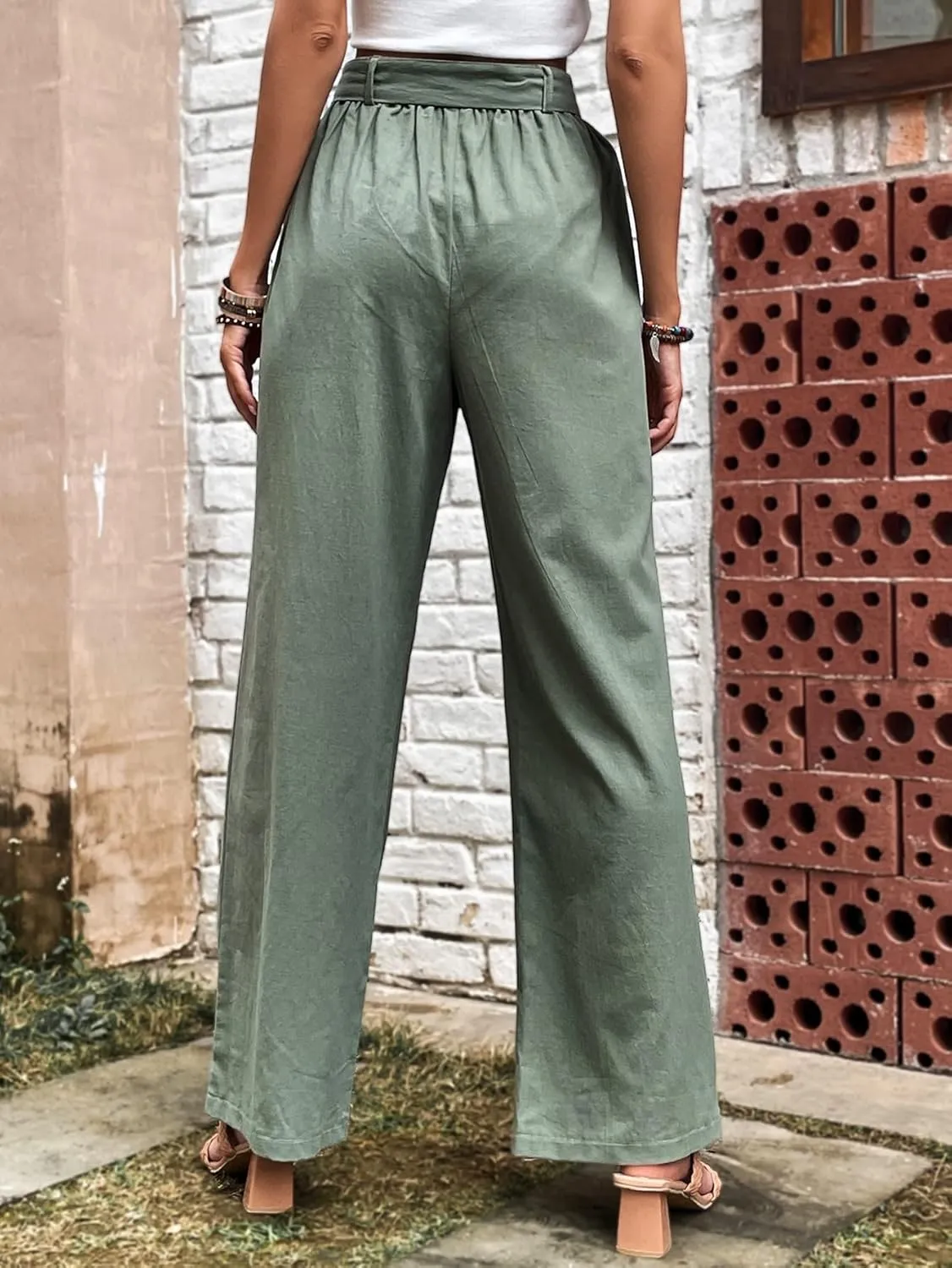 SOLY HUX Women's High Waisted Wide Leg Belted Long Pants Casual Trousers