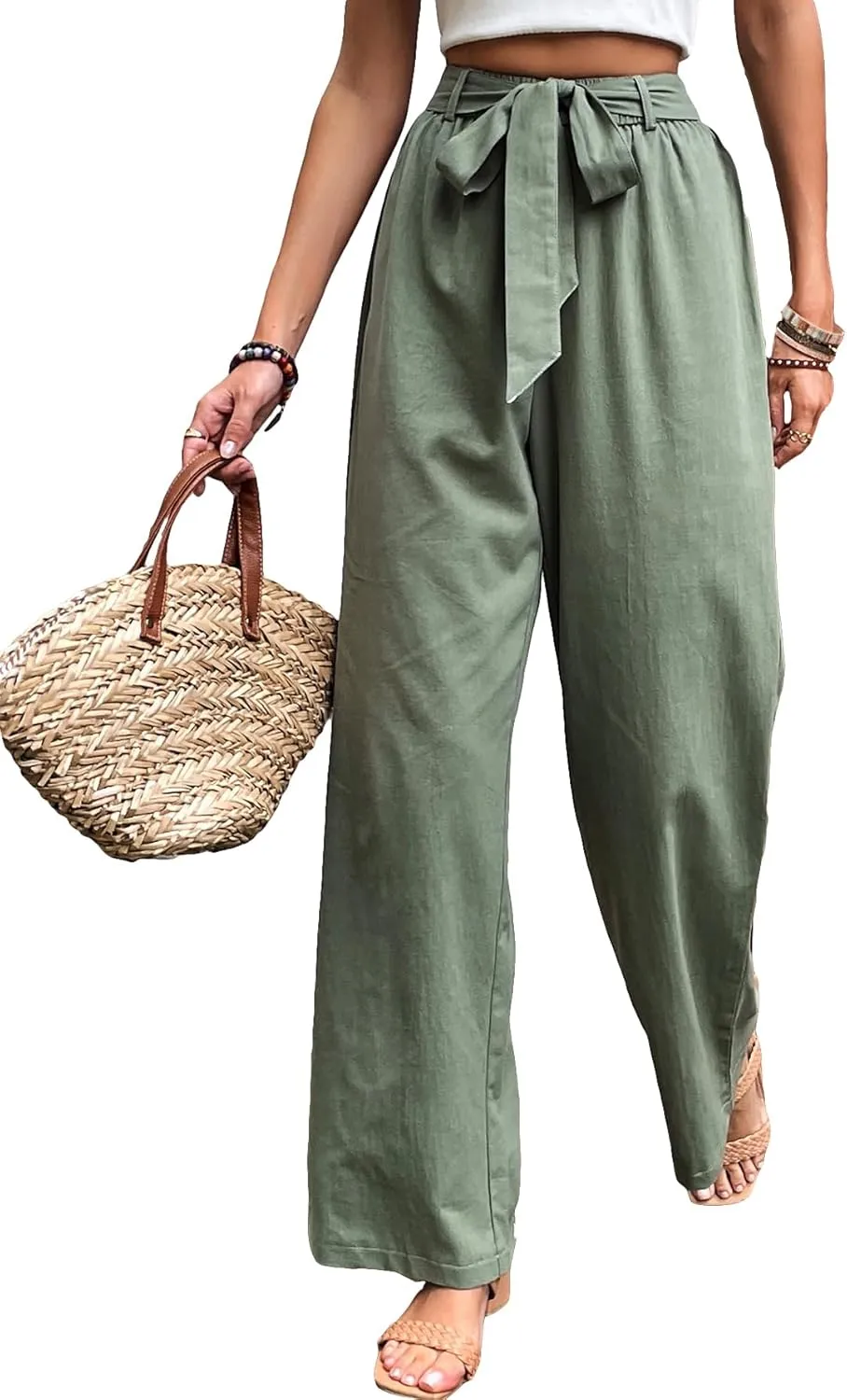 SOLY HUX Women's High Waisted Wide Leg Belted Long Pants Casual Trousers