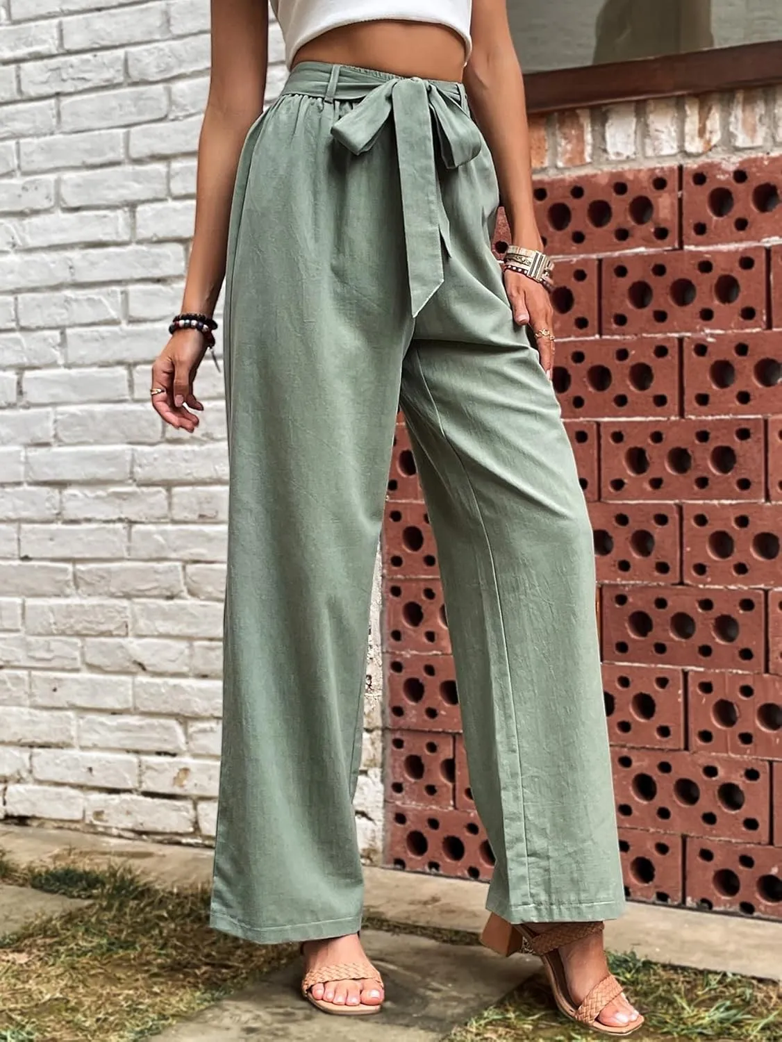 SOLY HUX Women's High Waisted Wide Leg Belted Long Pants Casual Trousers