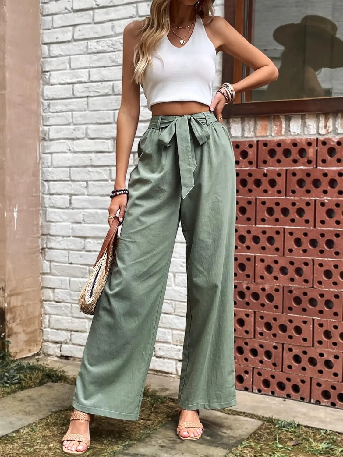 SOLY HUX Women's High Waisted Wide Leg Belted Long Pants Casual Trousers