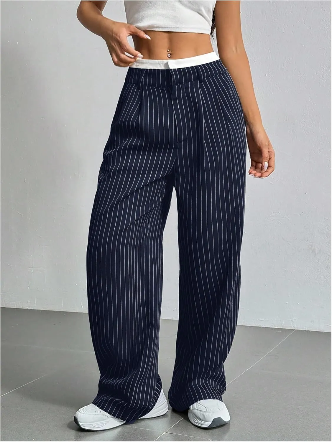 SOLY HUX Women's Striped Pants Color Block High Waisted Wide Leg Casual Work Office Long Trousers