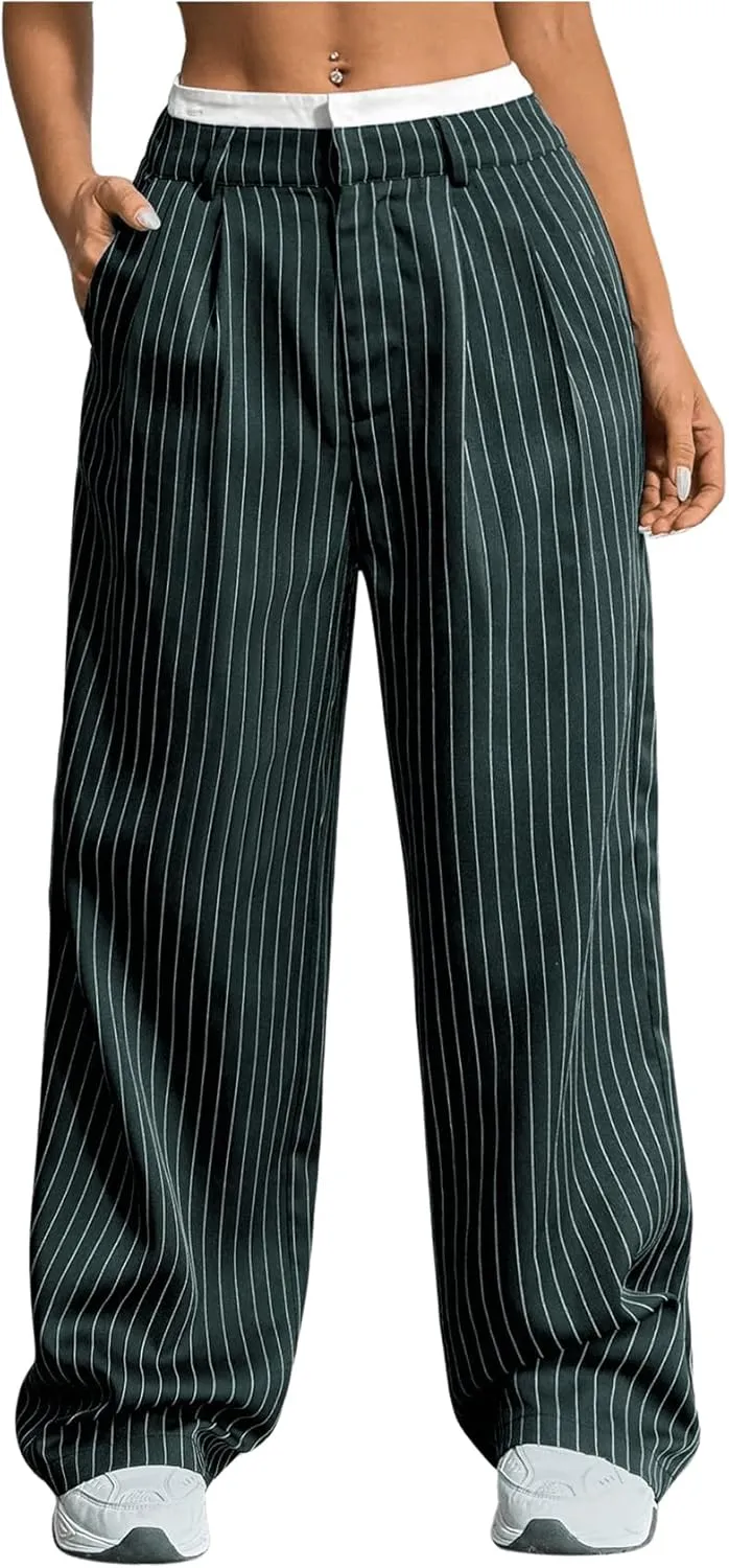 SOLY HUX Women's Striped Pants Color Block High Waisted Wide Leg Casual Work Office Long Trousers