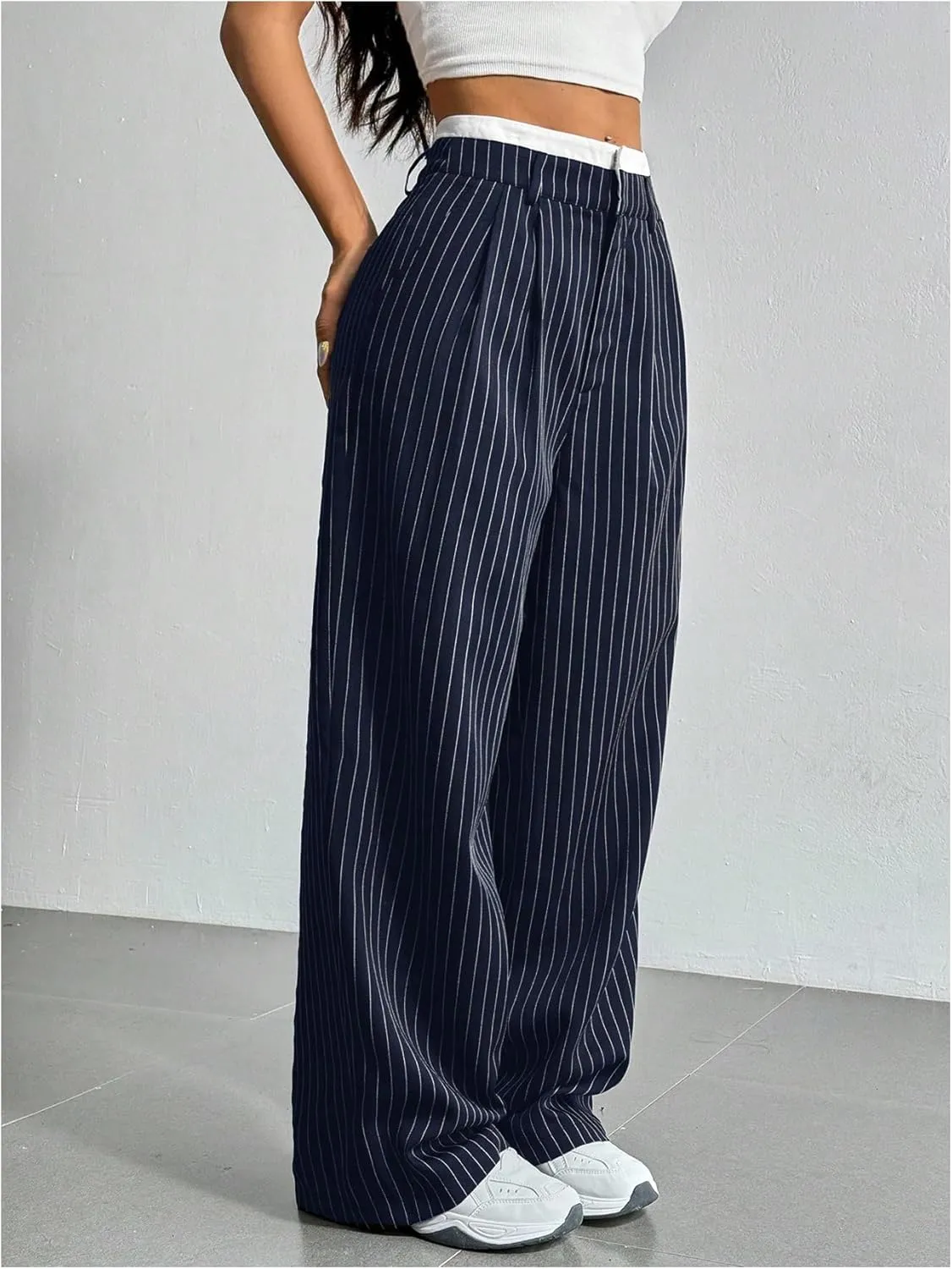 SOLY HUX Women's Striped Pants Color Block High Waisted Wide Leg Casual Work Office Long Trousers