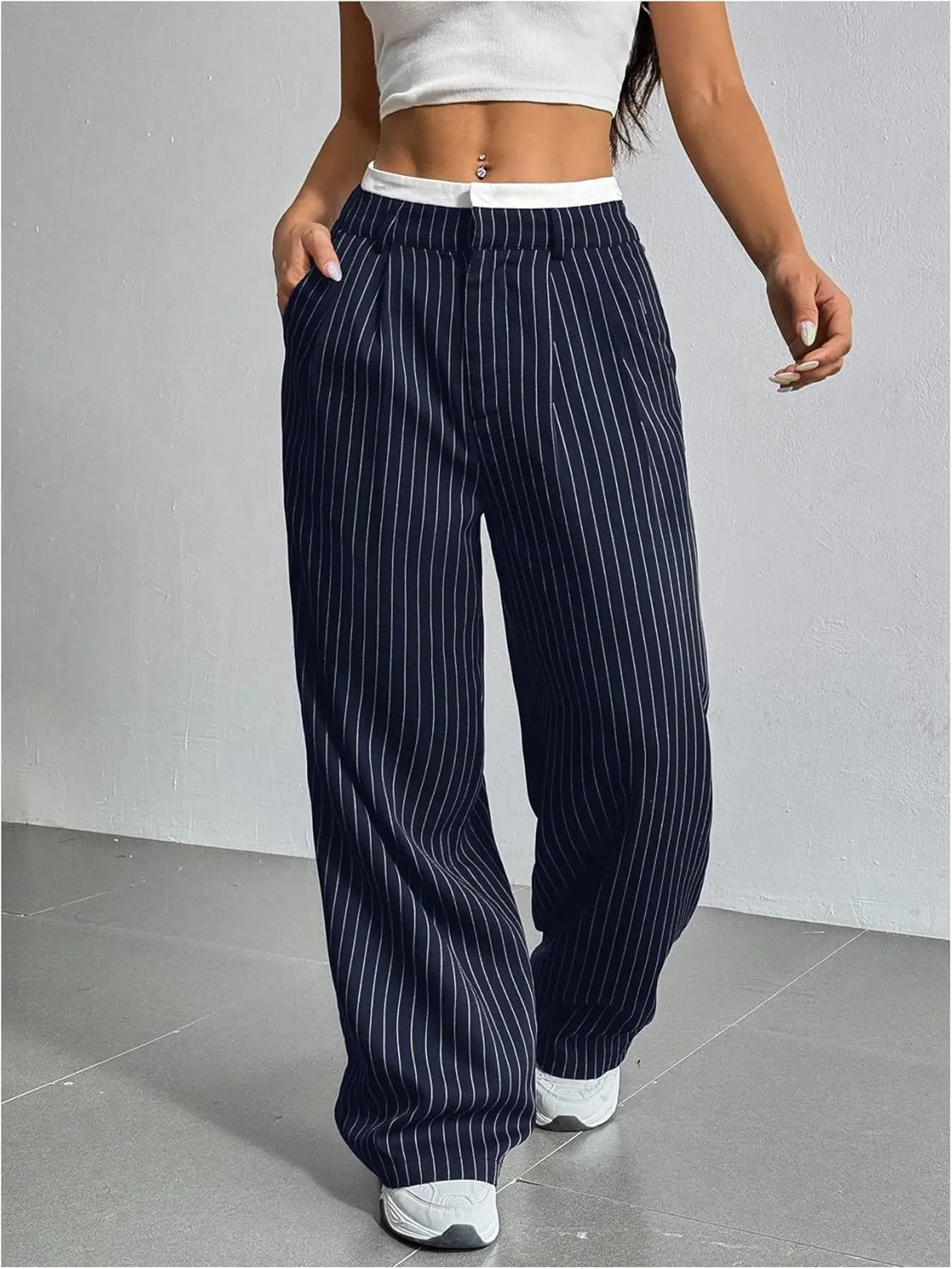 SOLY HUX Women's Striped Pants Color Block High Waisted Wide Leg Casual Work Office Long Trousers
