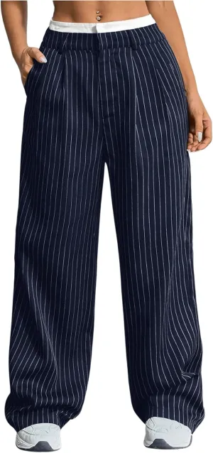 SOLY HUX Women's Striped Pants Color Block High Waisted Wide Leg Casual Work Office Long Trousers
