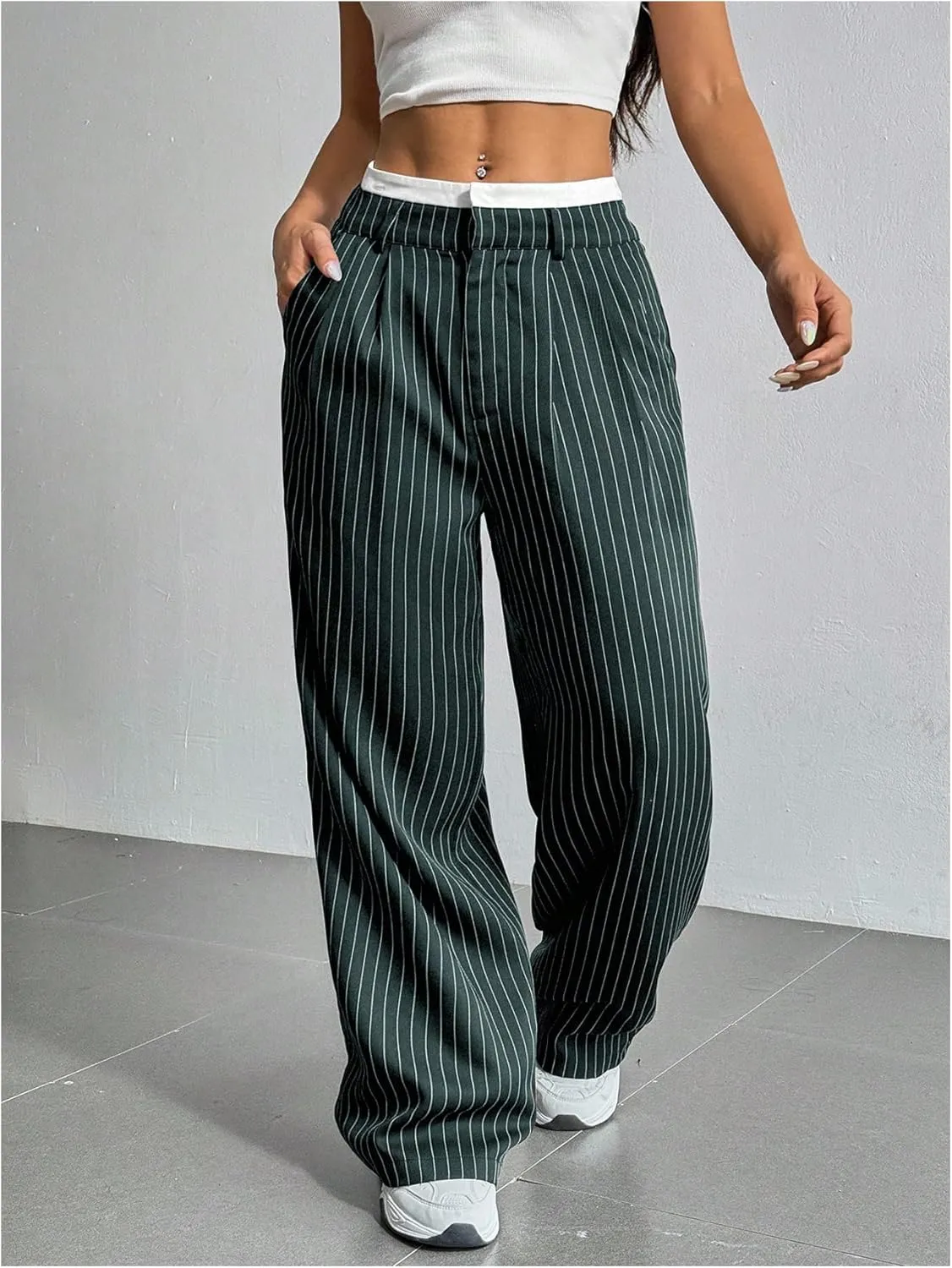 SOLY HUX Women's Striped Pants Color Block High Waisted Wide Leg Casual Work Office Long Trousers