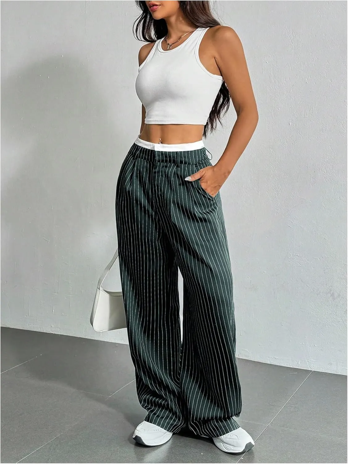 SOLY HUX Women's Striped Pants Color Block High Waisted Wide Leg Casual Work Office Long Trousers