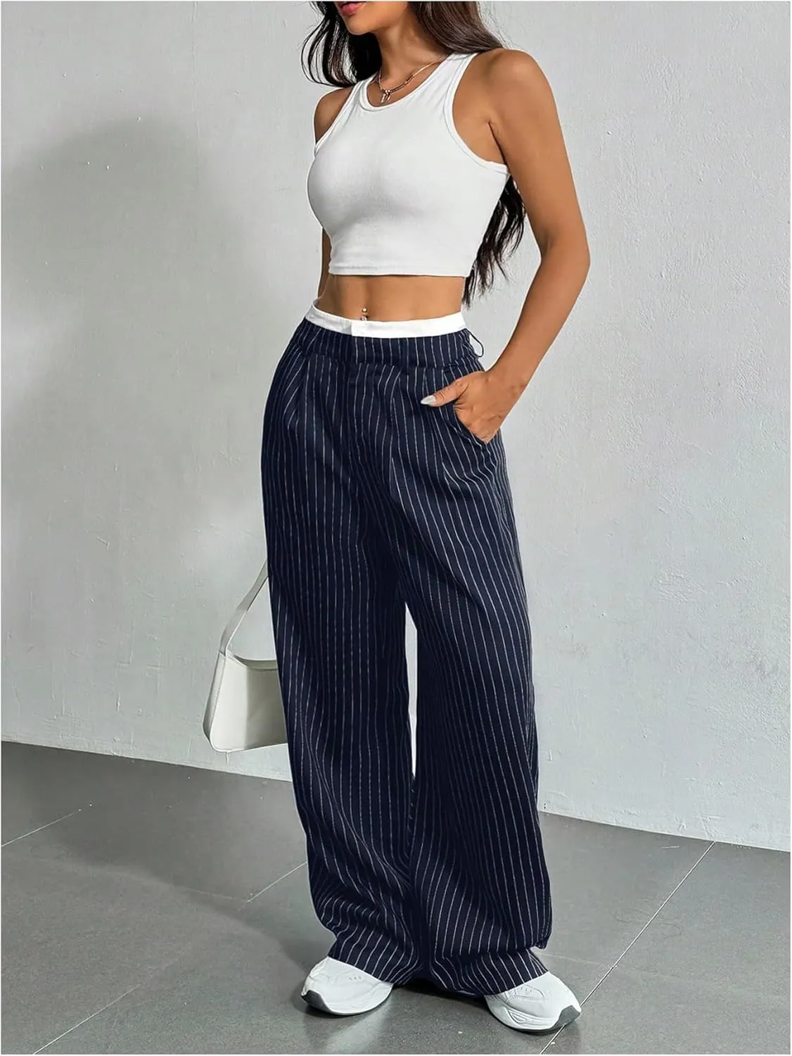 SOLY HUX Women's Striped Pants Color Block High Waisted Wide Leg Casual Work Office Long Trousers