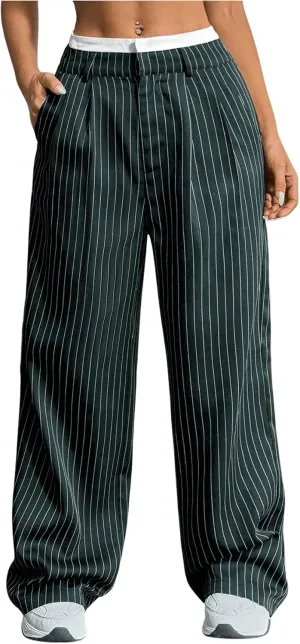 SOLY HUX Women's Striped Pants Color Block High Waisted Wide Leg Casual Work Office Long Trousers