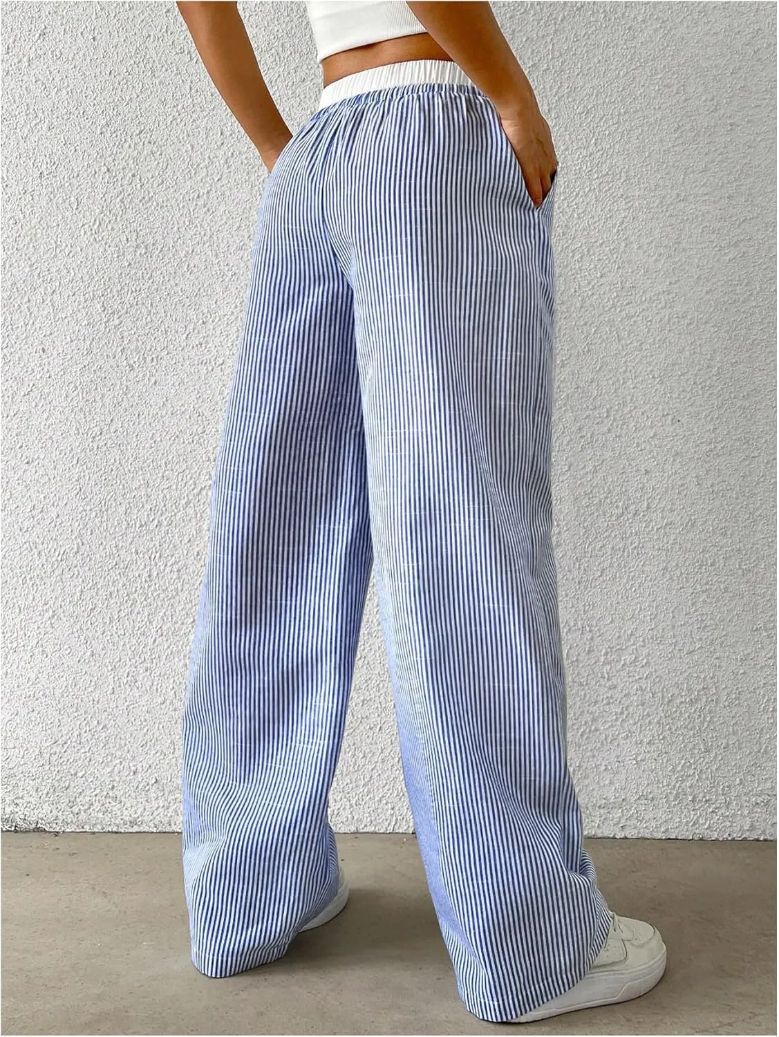 SOLY HUX Women's Striped Wide Leg Pants Drawstring High Waisted Baggy Casual Long Pants