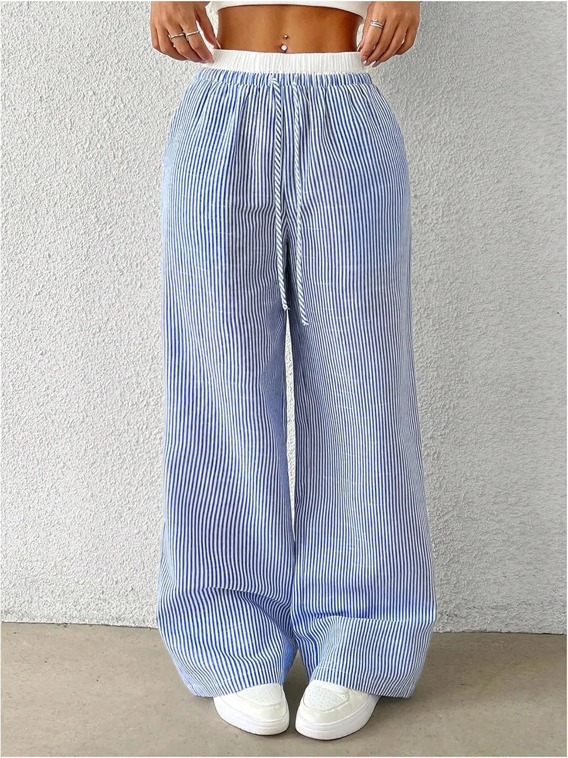 SOLY HUX Women's Striped Wide Leg Pants Drawstring High Waisted Baggy Casual Long Pants