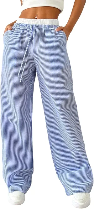 SOLY HUX Women's Striped Wide Leg Pants Drawstring High Waisted Baggy Casual Long Pants