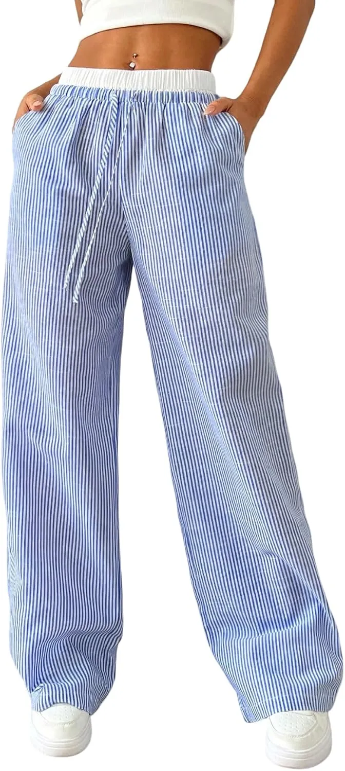 SOLY HUX Women's Striped Wide Leg Pants Drawstring High Waisted Baggy Casual Long Pants
