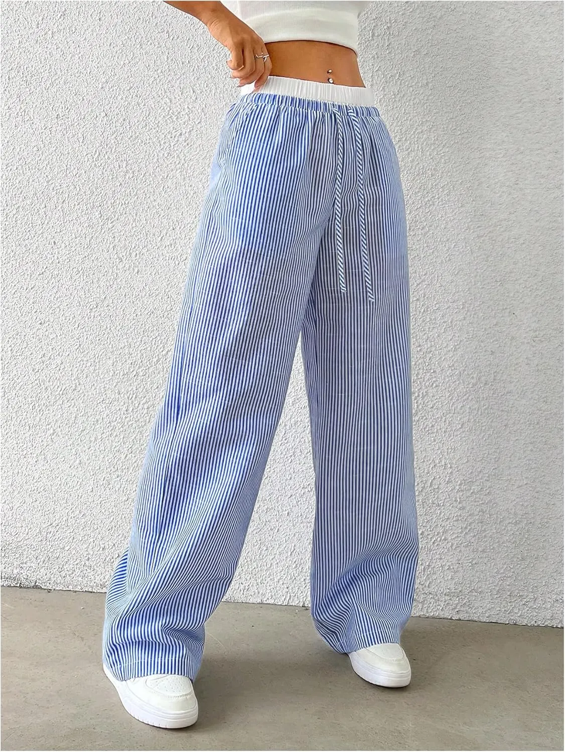 SOLY HUX Women's Striped Wide Leg Pants Drawstring High Waisted Baggy Casual Long Pants