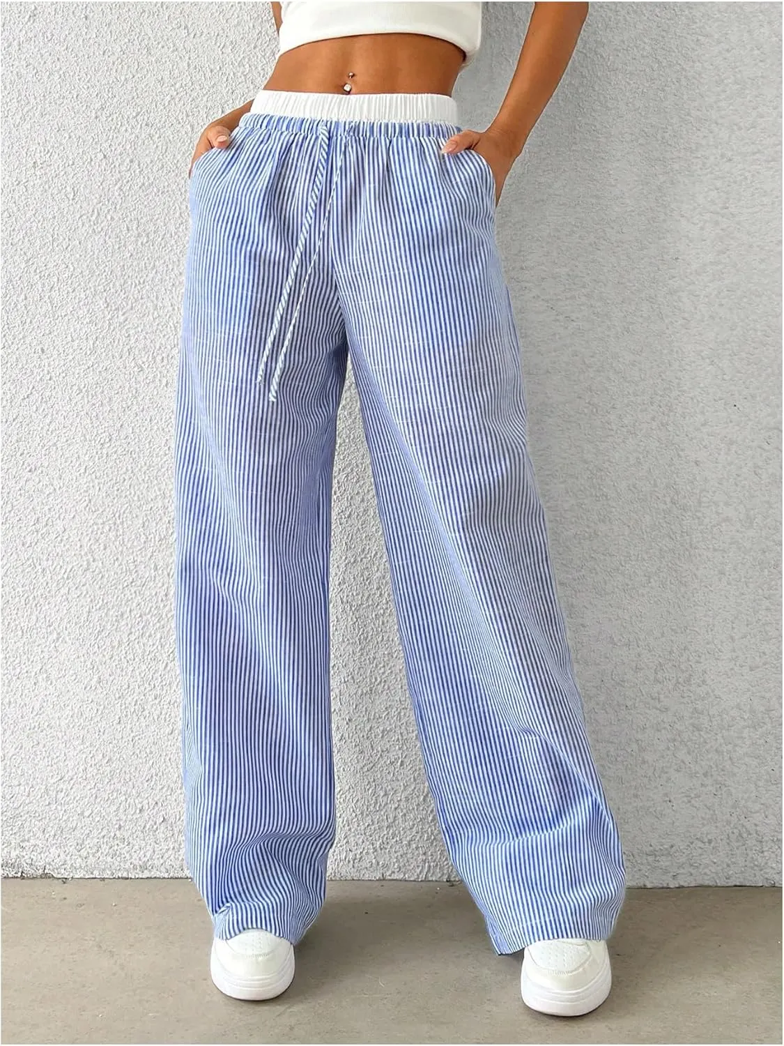 SOLY HUX Women's Striped Wide Leg Pants Drawstring High Waisted Baggy Casual Long Pants