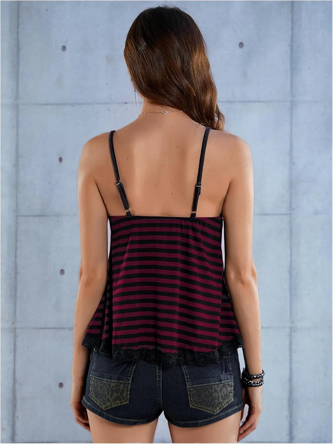 SOLY HUX Womens Y2K Lace Cami V Neck Sleeveless Striped Shirt Spaghetti Strap Camisole Gothic Tops