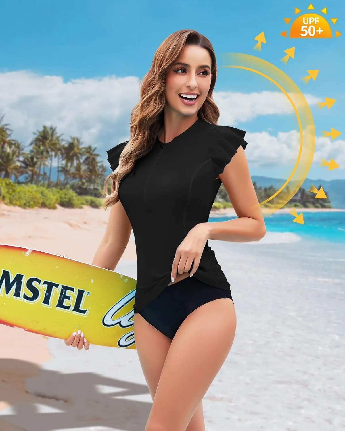 Soneven Women's Swim Shirt UPF 50  Ruffle Sleeve Rash Guard UV Sun Protection Swimsuit Top Bathing Suit No Bottom