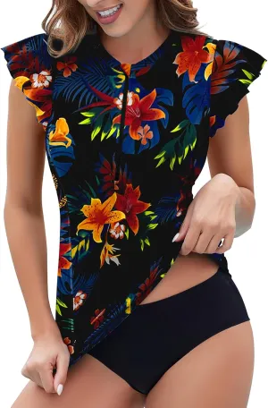 Soneven Women's Swim Shirt UPF 50  Ruffle Sleeve Rash Guard UV Sun Protection Swimsuit Top Bathing Suit No Bottom