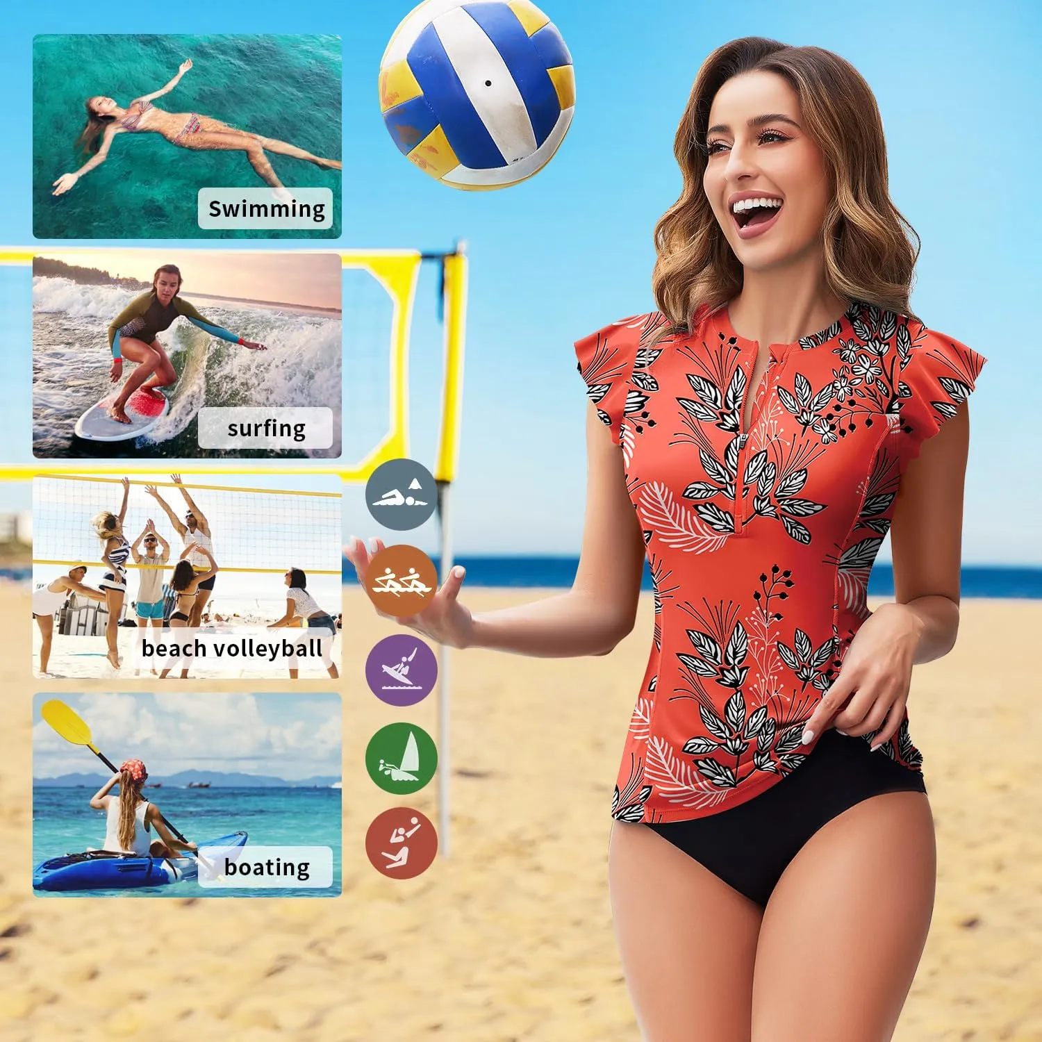 Soneven Women's Swim Shirt UPF 50  Ruffle Sleeve Rash Guard UV Sun Protection Swimsuit Top Bathing Suit No Bottom