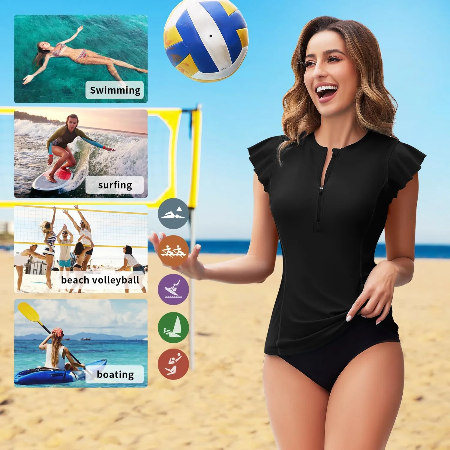 Soneven Women's Swim Shirt UPF 50  Ruffle Sleeve Rash Guard UV Sun Protection Swimsuit Top Bathing Suit No Bottom
