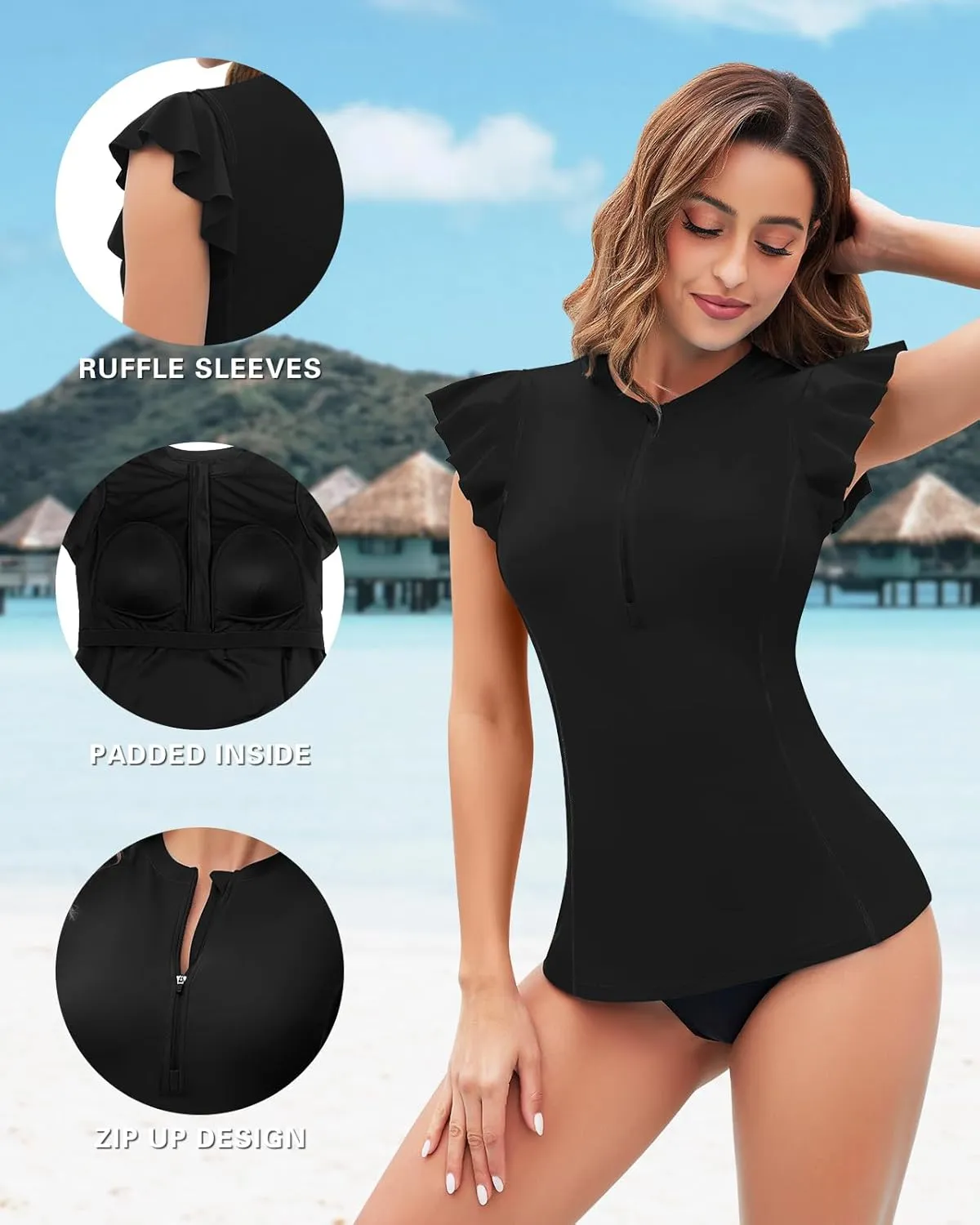 Soneven Women's Swim Shirt UPF 50  Ruffle Sleeve Rash Guard UV Sun Protection Swimsuit Top Bathing Suit No Bottom