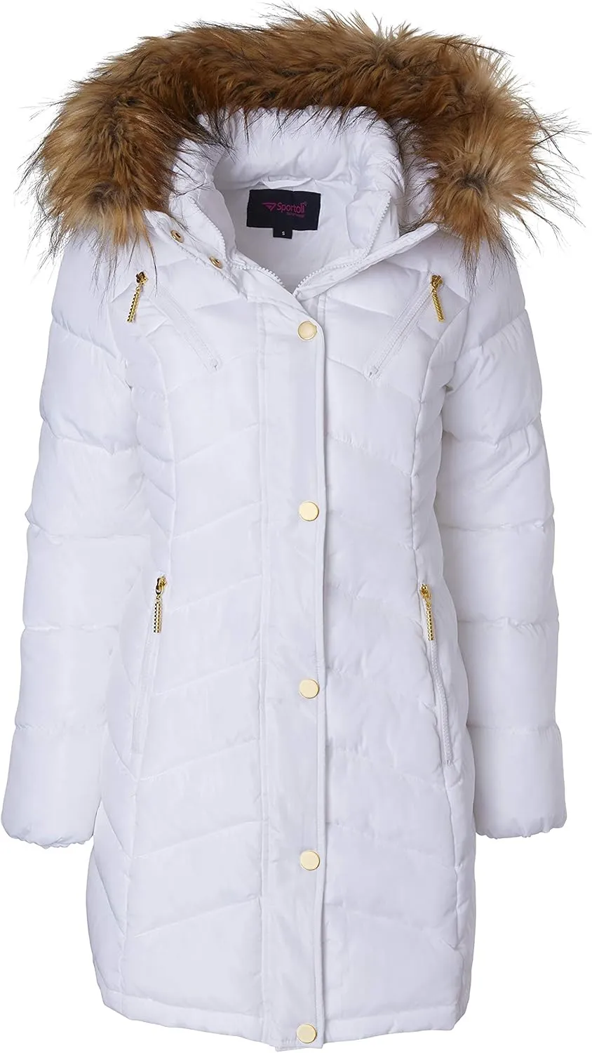 Sportoli Women Long Quilted Down Alternative Plush Lined Puffer Jacket Coat Fur Trim Hood