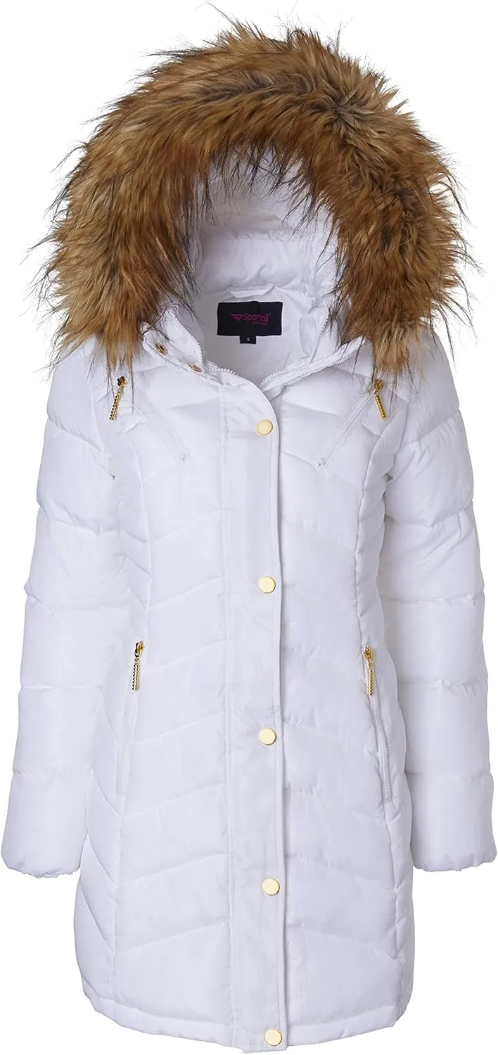 Sportoli Women Long Quilted Down Alternative Plush Lined Puffer Jacket Coat Fur Trim Hood