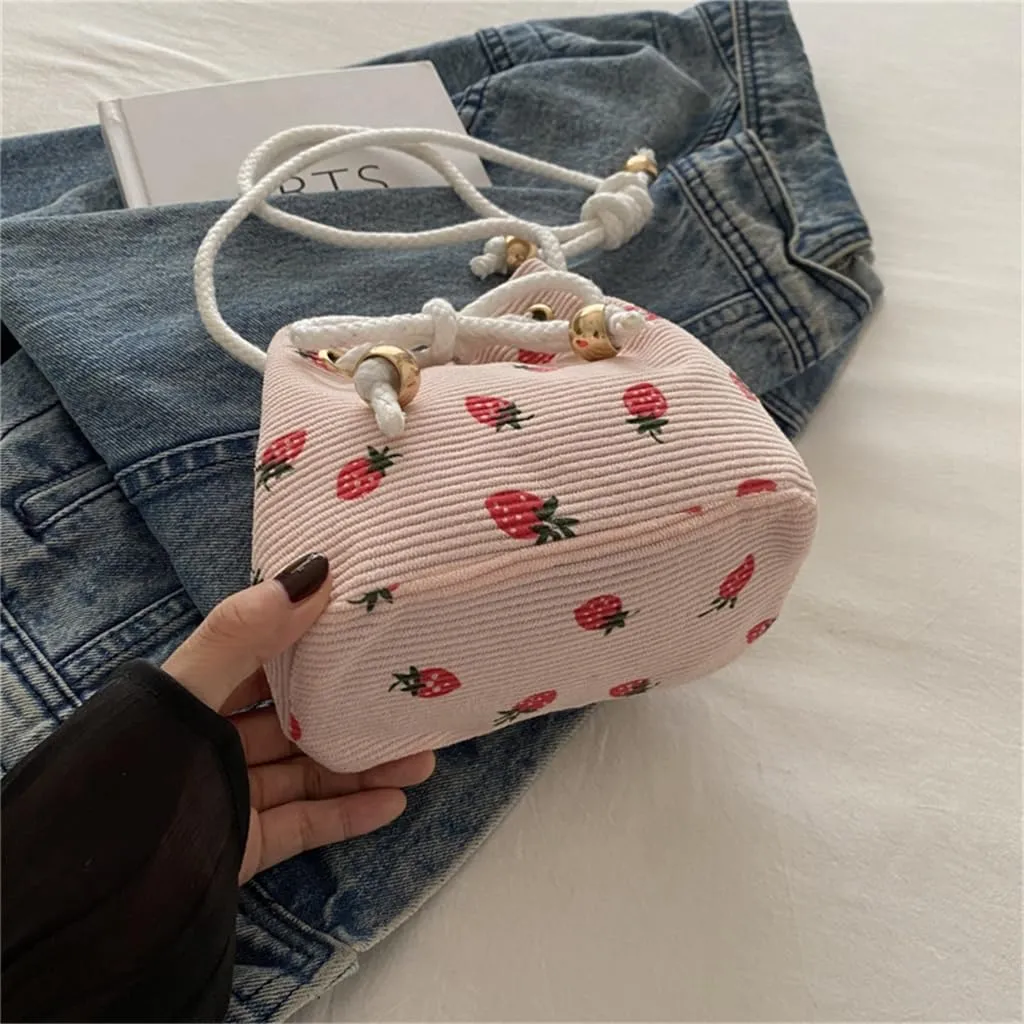 Strawberry Themed Bucket Handbag With Adjustable Strap Shoulder Purse Crossbody Bags For Daily Activities And Event