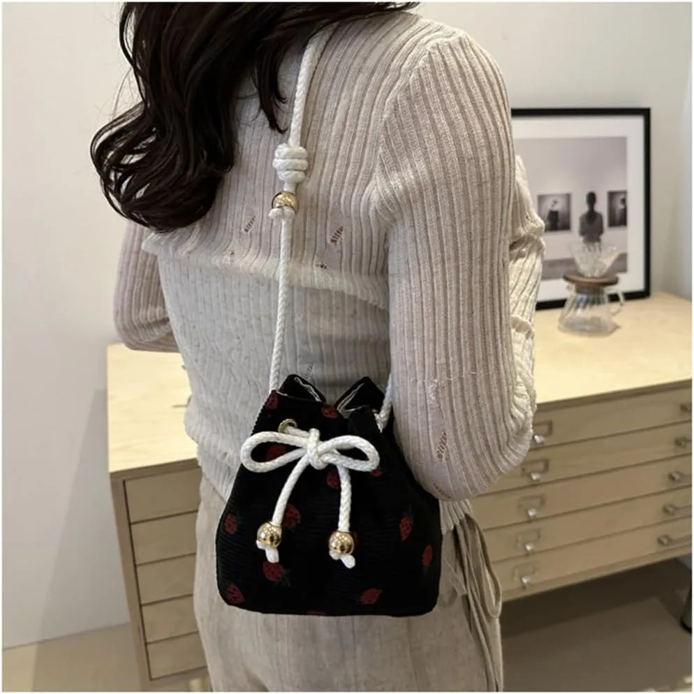Strawberry Themed Bucket Handbag With Adjustable Strap Shoulder Purse Crossbody Bags For Daily Activities And Event