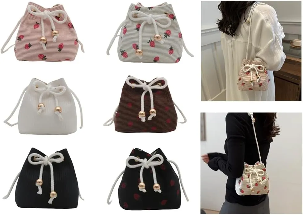 Strawberry Themed Bucket Handbag With Adjustable Strap Shoulder Purse Crossbody Bags For Daily Activities And Event